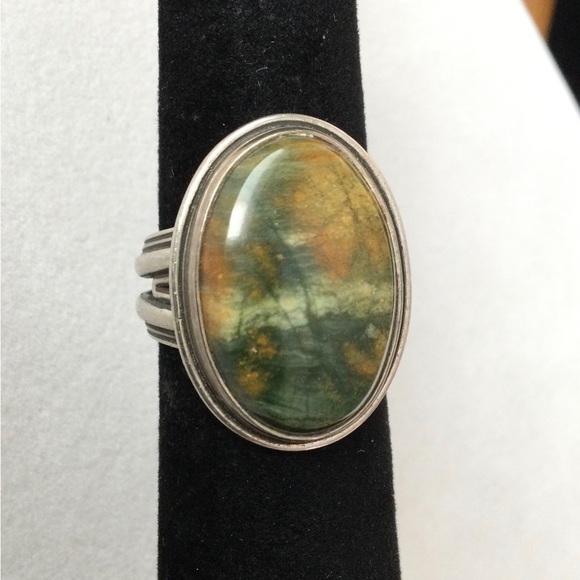 Vintage Jasper Cabochon & Silver Ring Stamped Sterling Circle M - Louis J. Meyer - Picture 8 of 9